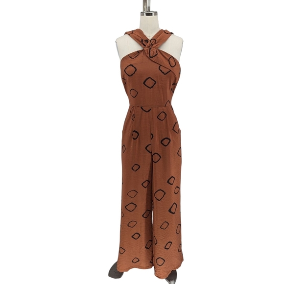 01485 Anthropologie Eva Franco Printed Halter Jumpsuit Brown Size 4 bohemian - Picture 1 of 11